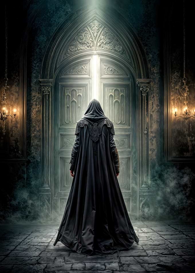 Mysterious Figure Before Ornate Doorway