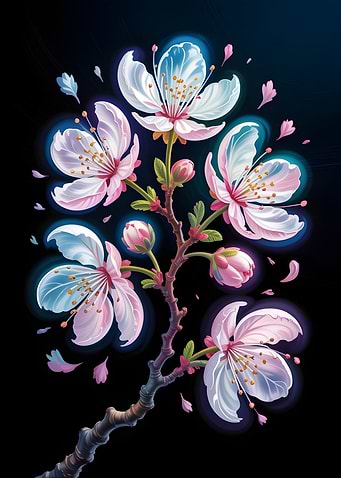 Cherry Blossom Branch on Black Background