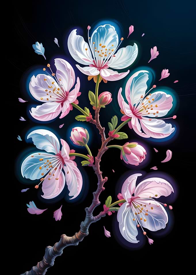 Cherry Blossom Branch on Black Background