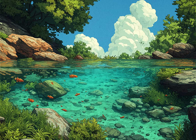 Clear Stream with Fish and Rocks