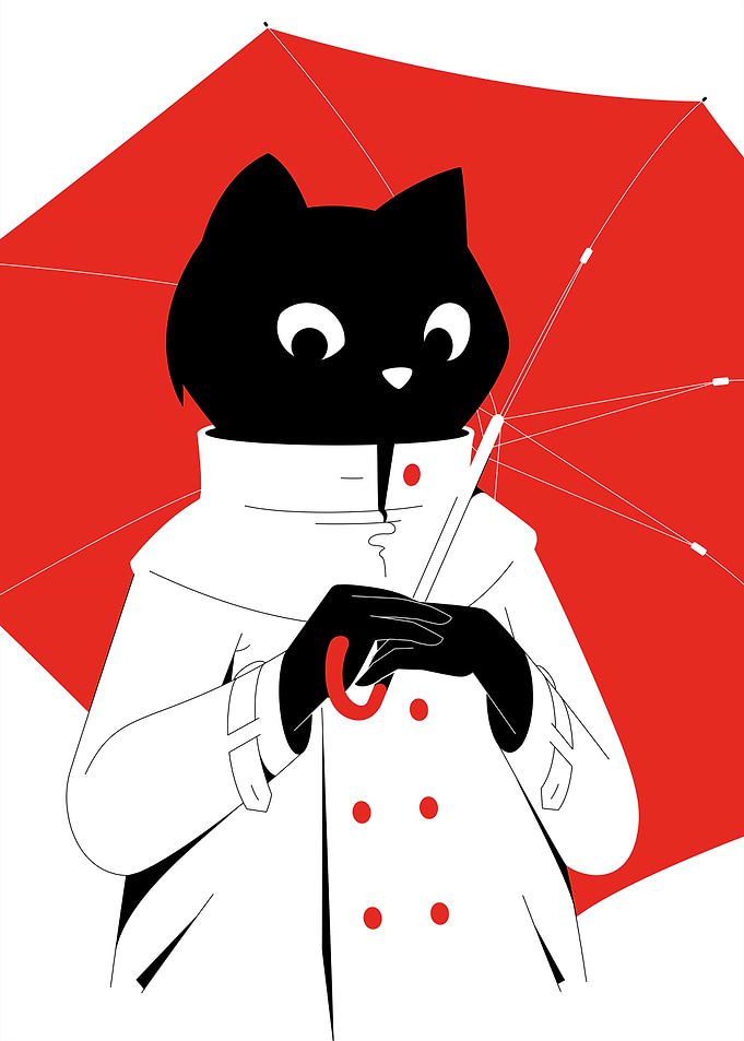 Black Cat with Red Umbrella