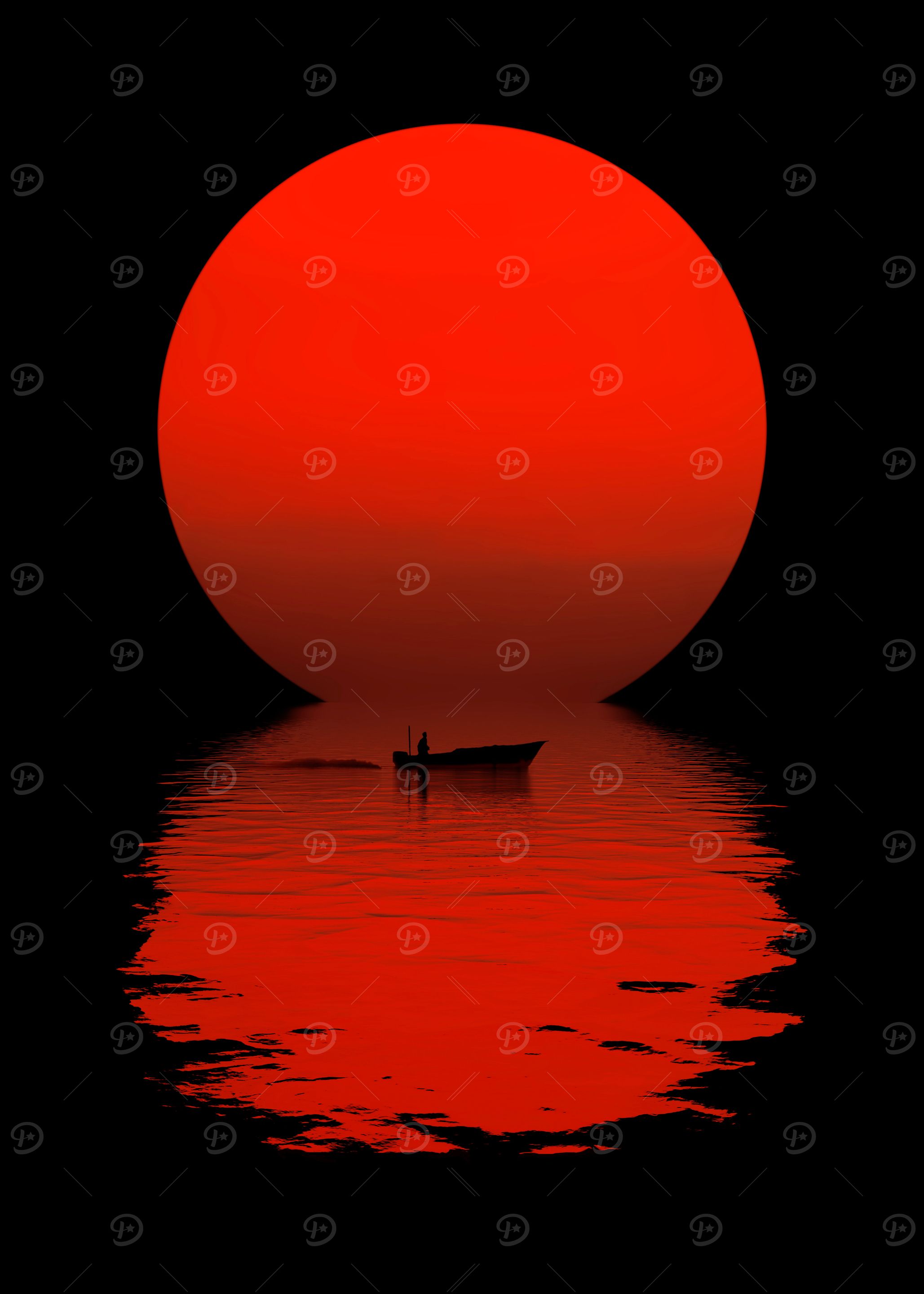 Red Sun Boat Reflection