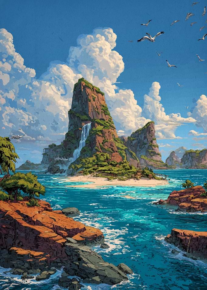 Tropical Island Landscape with Waterfall