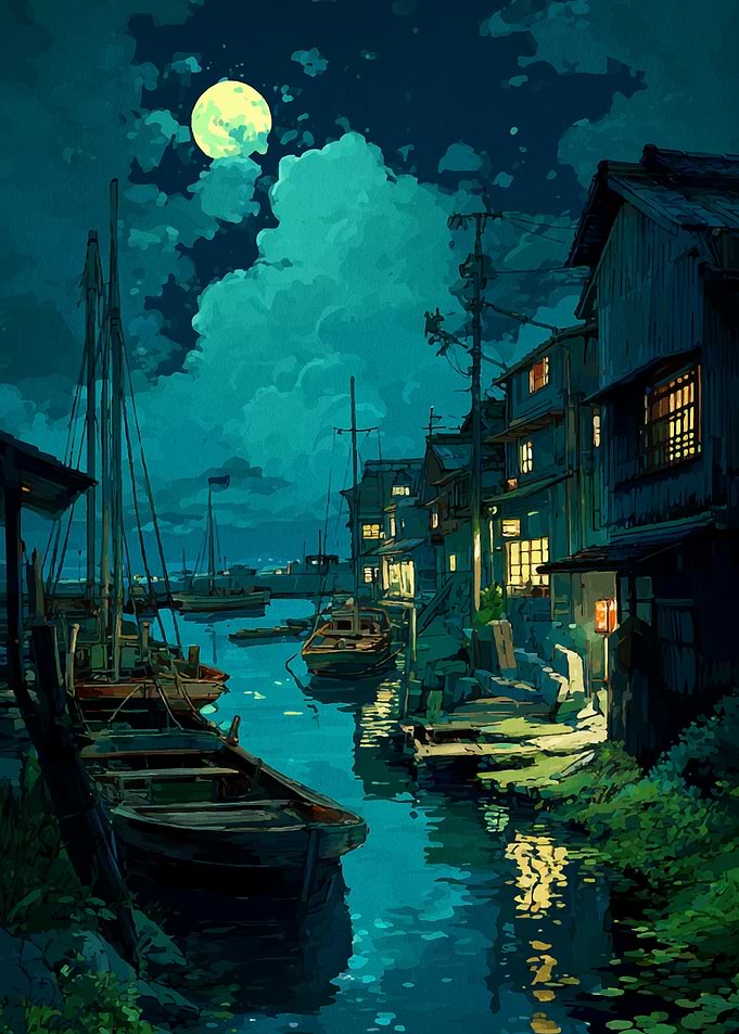 Nighttime Canal Scene with Boats