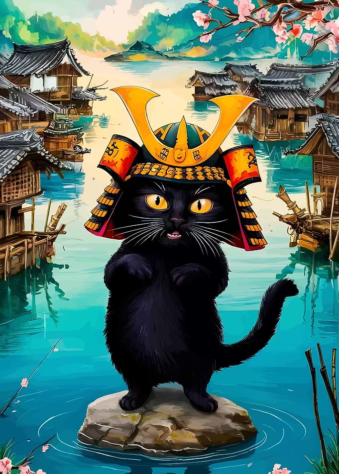 Samurai Cat in Japanese Village