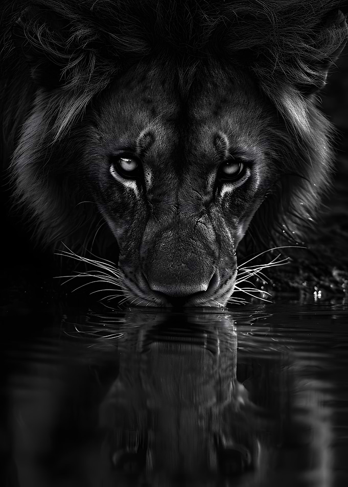 Lion Drinking Water Black and White
