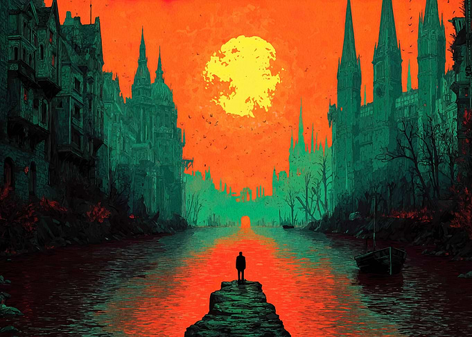 Dark Cityscape with Figure and River