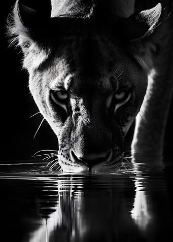 Lioness Drinking Water - Black and White
