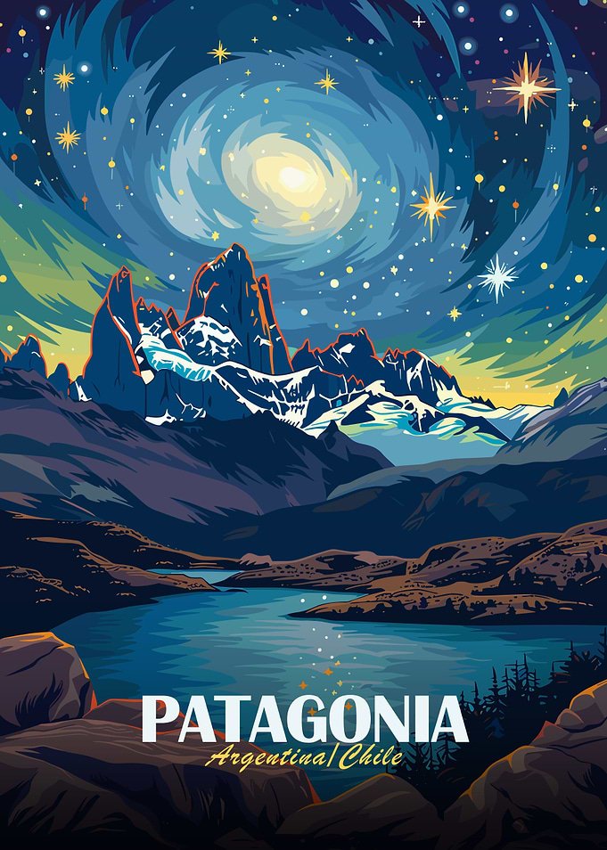 Patagonia Landscape with Starry Night Sky