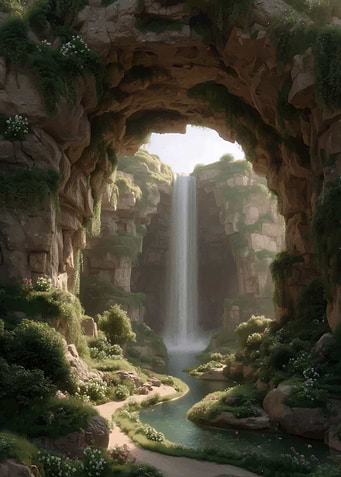 Waterfall in a rocky, green landscape
