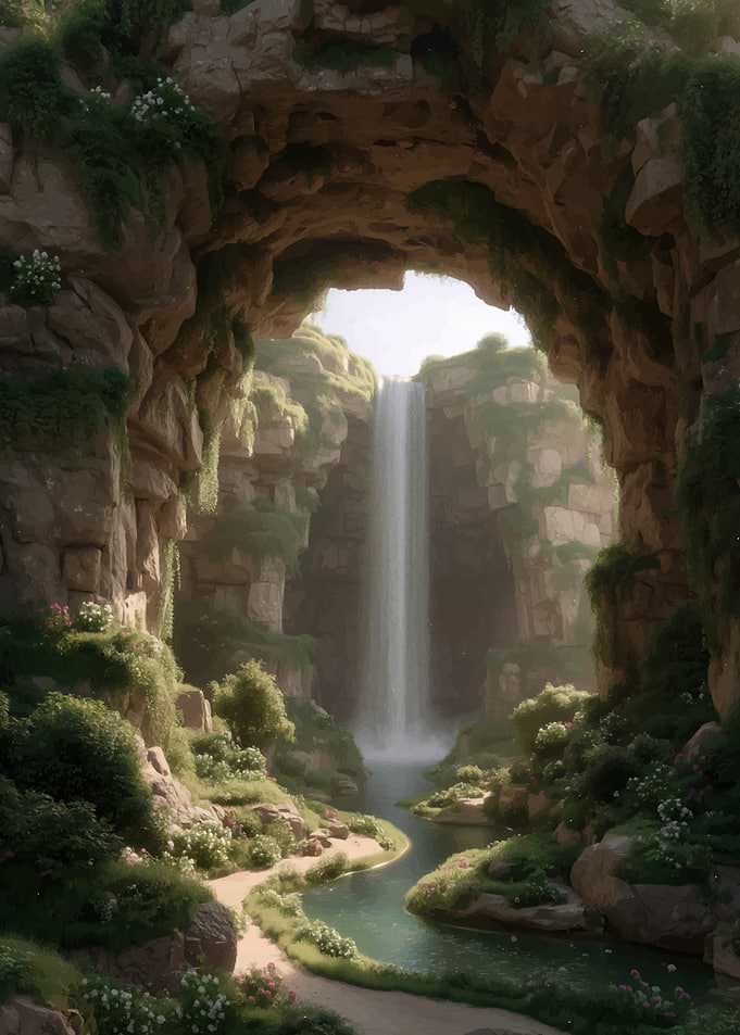 Waterfall in a rocky, green landscape