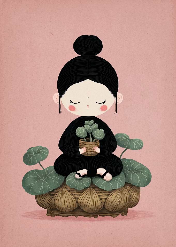 Girl Meditating with Plant on Lotus