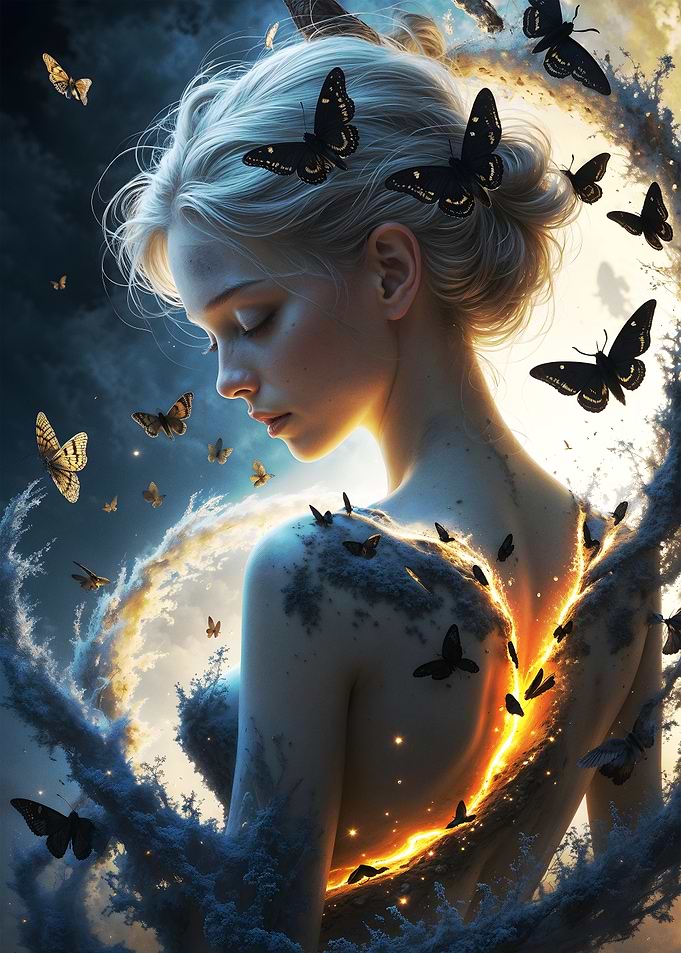 Woman with Butterflies and Glowing Light