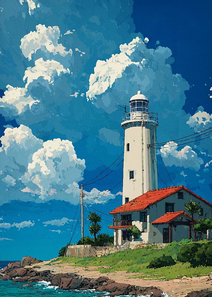 Coastal Lighthouse with House and Clouds