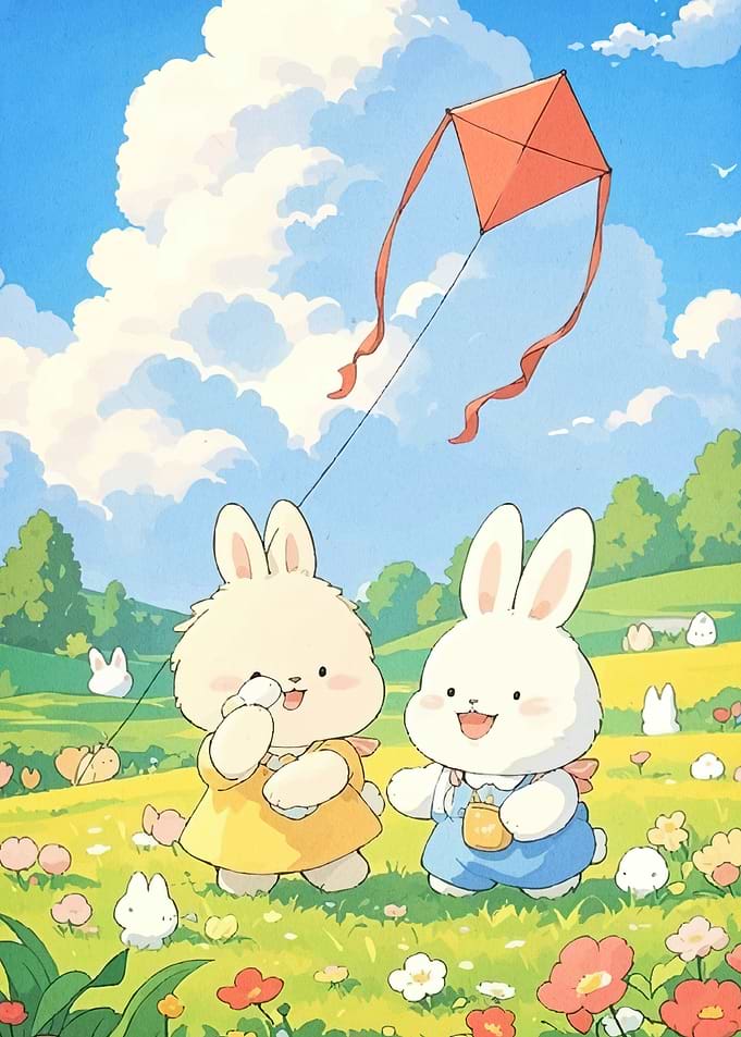 Cute Bunnies Flying a Kite