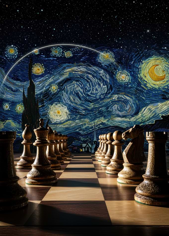Chessboard with Starry Night backdrop