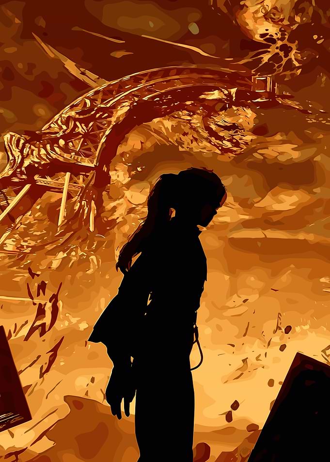 Silhouette in a fiery landscape