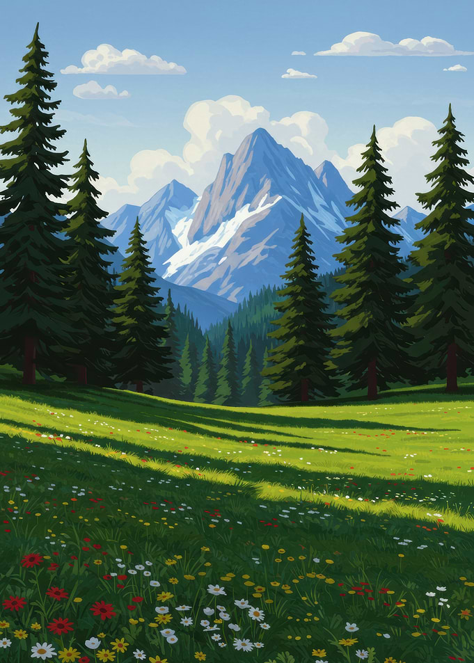 Mountain Landscape with Meadow and Trees