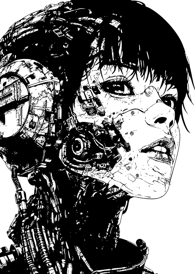 Cyborg Woman Black and White Portrait