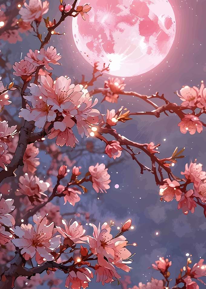 Pink Cherry Blossoms and Moon