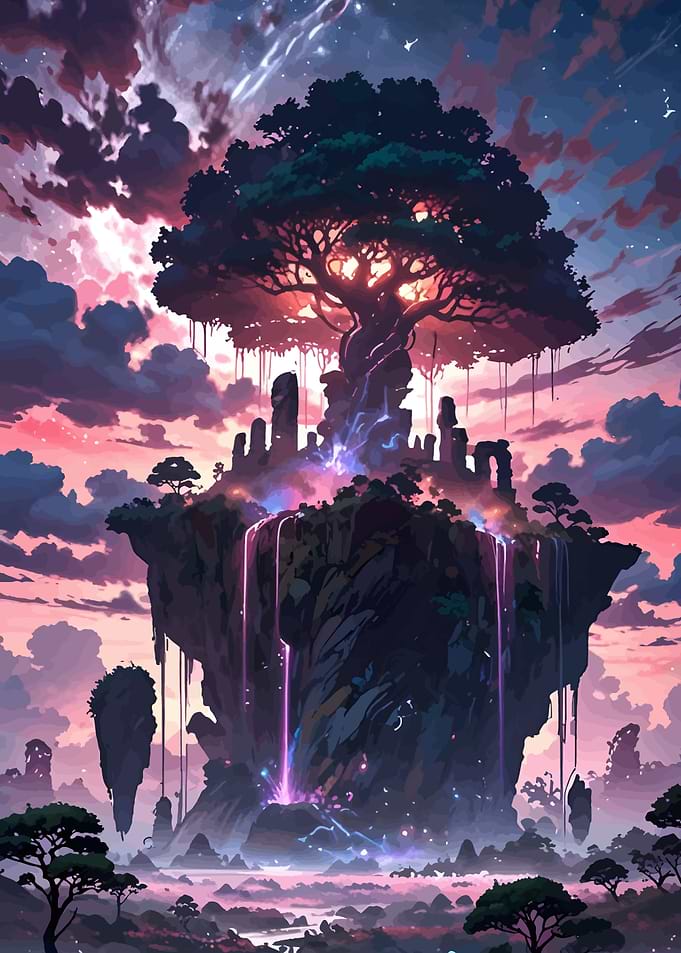 Fantasy Island with Tree and Waterfalls