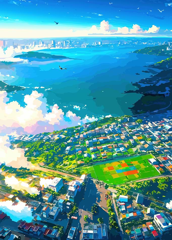 Anime-Style Coastal Cityscape
