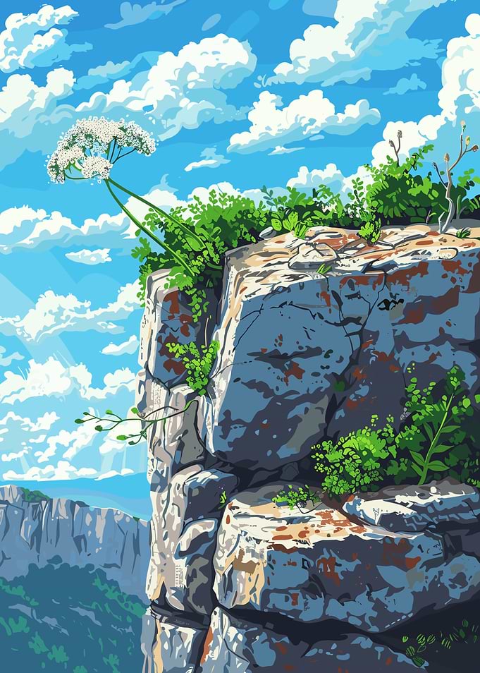 Cliffside Bloom Under Cloudy Sky