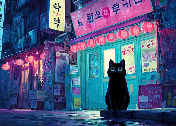 Black Cat in Korean Street Scene