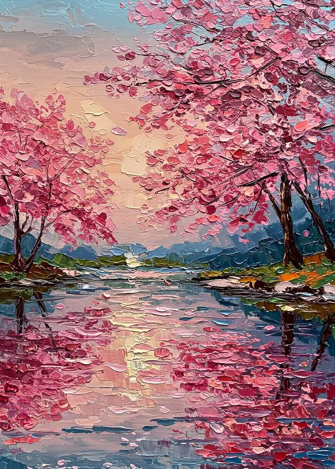 Cherry Blossom River Oil Painting