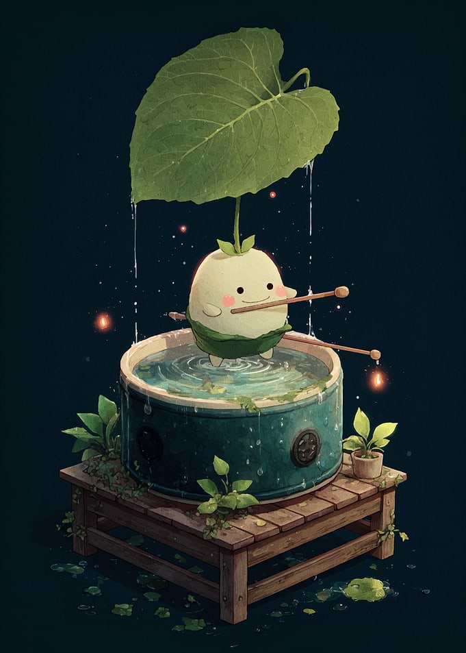 Cute Plant Character Drumming in the Rain