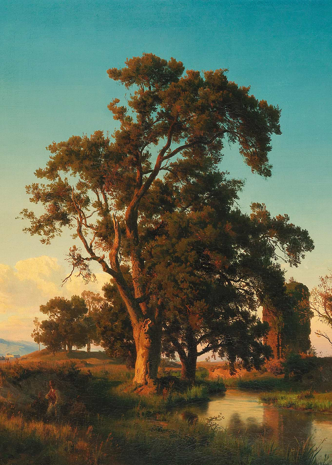 Landscape painting with trees and river