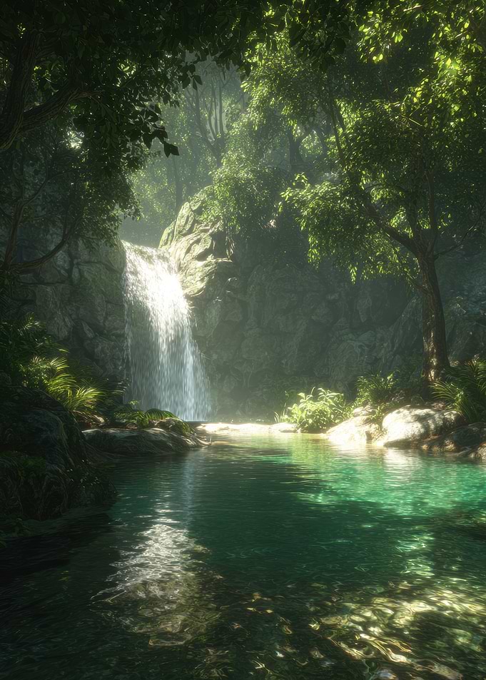 Lush Waterfall in a Tropical Forest