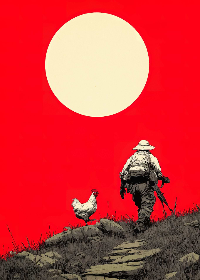 Soldier, Chicken, and Red Sun