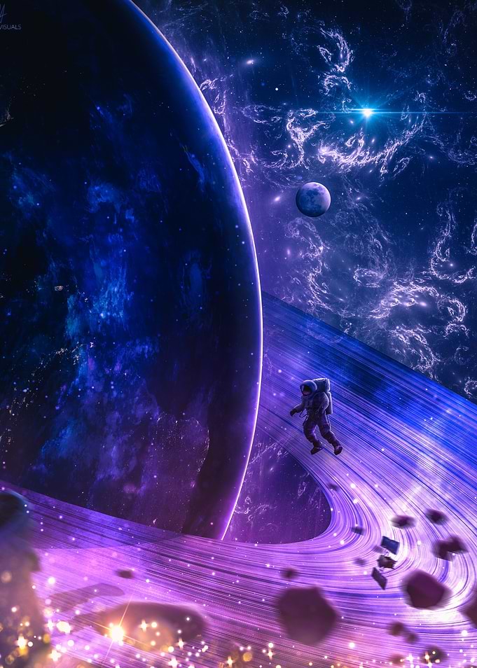 Astronaut on Ringed Planet in Space