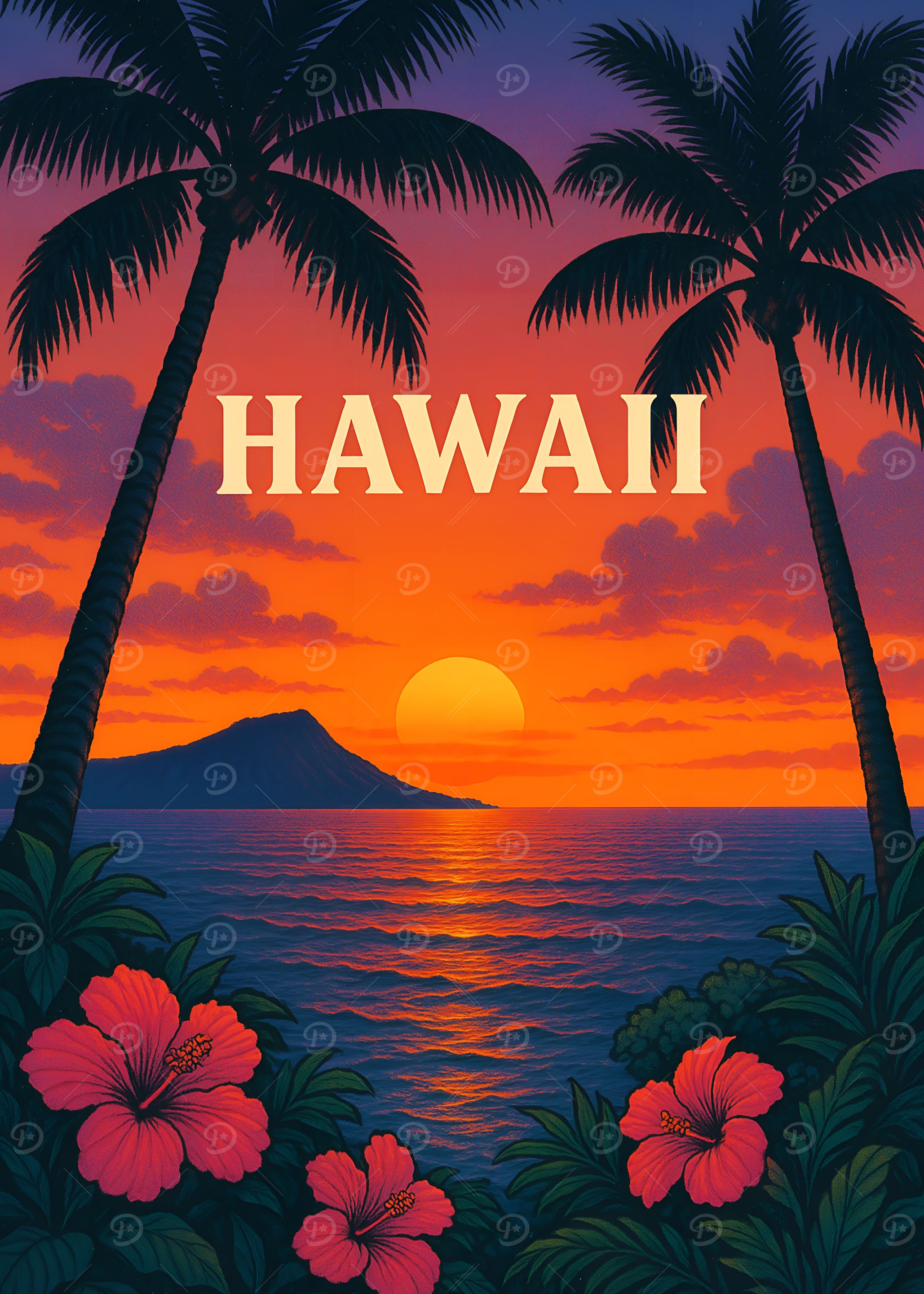 Hawaii Sunset Palm Trees and Hibiscus