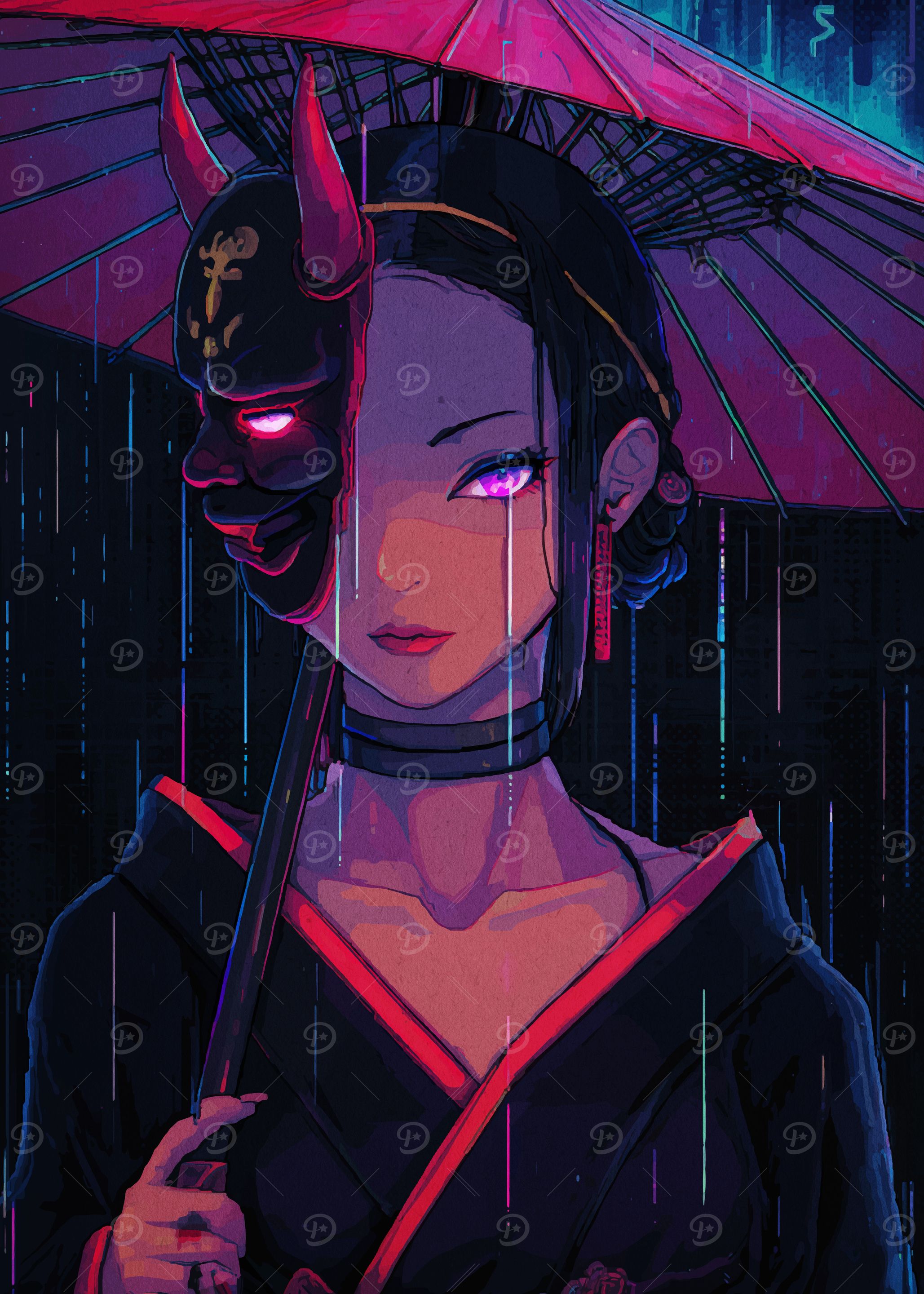 Woman with Oni Mask in Rain