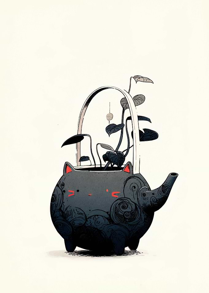 Cat Teapot Planter Illustration