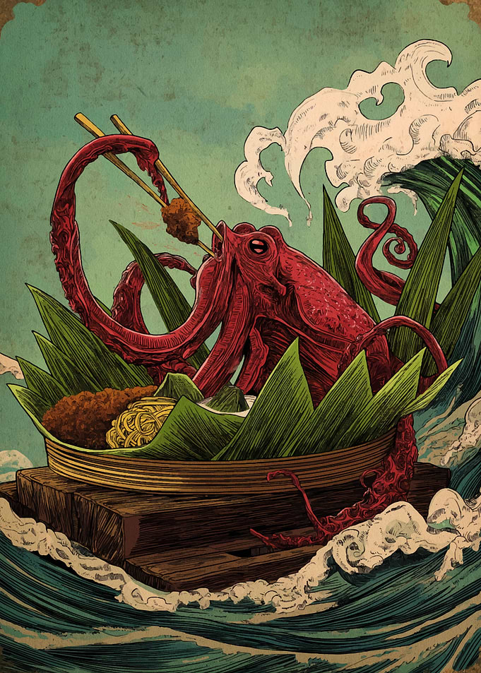Octopus eating noodles in a basket
