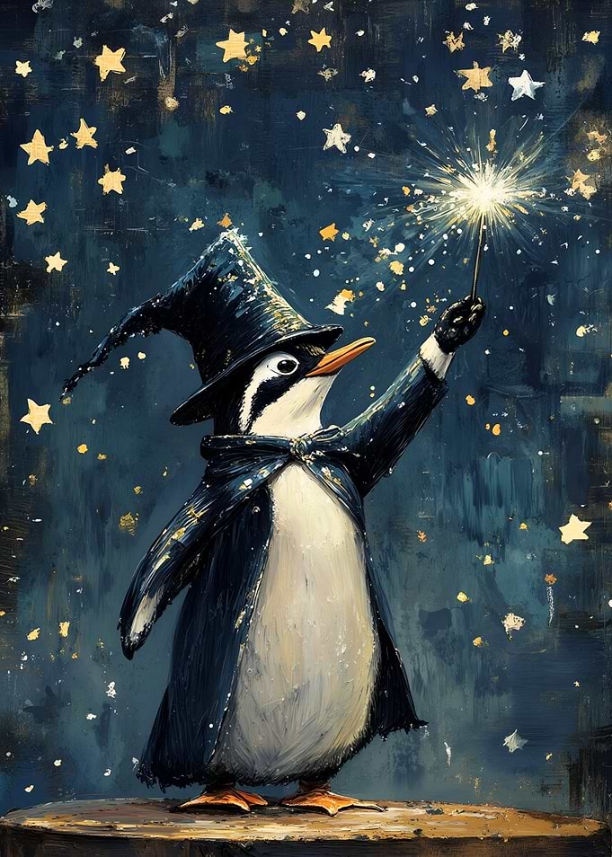 Penguin Wizard with Wand and Stars