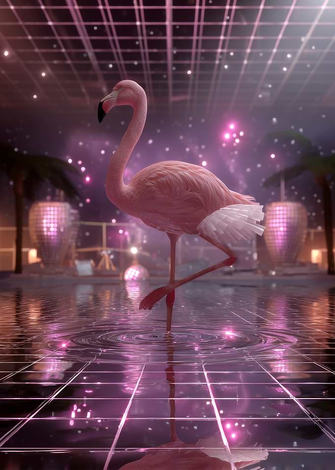 Flamingo in a Retro Disco Setting