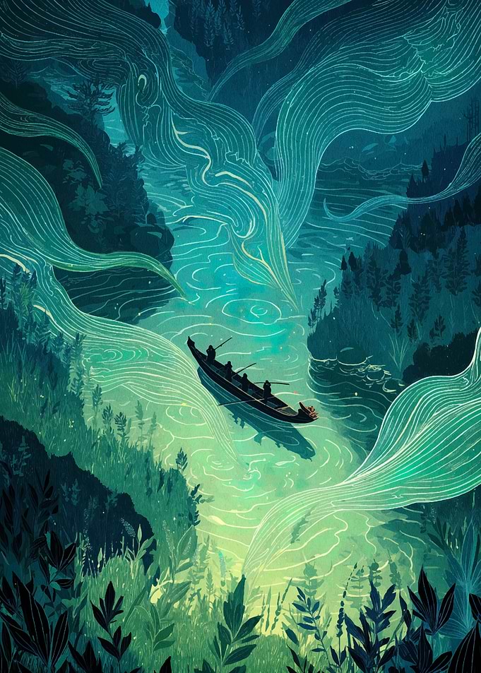 Canoe on River, Abstract Landscape