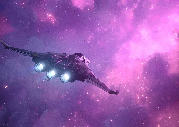 Spaceship flying through a nebula