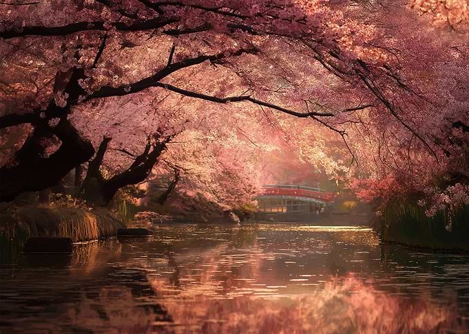 Cherry Blossom Trees Over Water