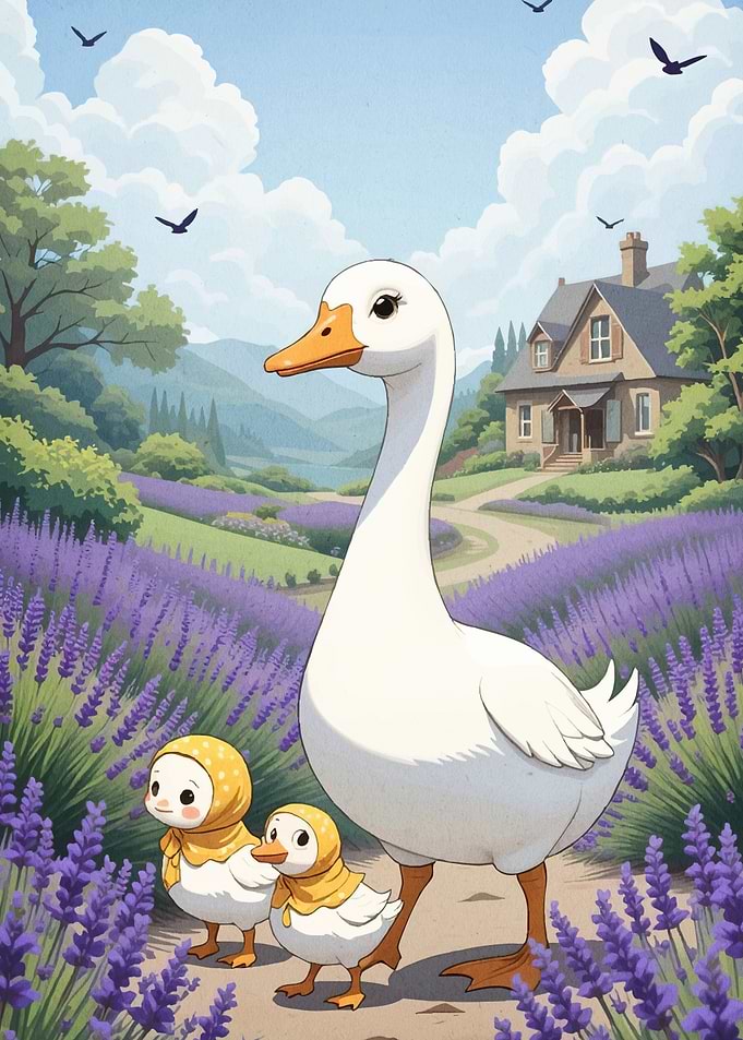 Goose Ducklings Lavender Field