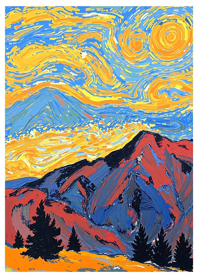 Mountain Landscape Painting with Swirling Sky