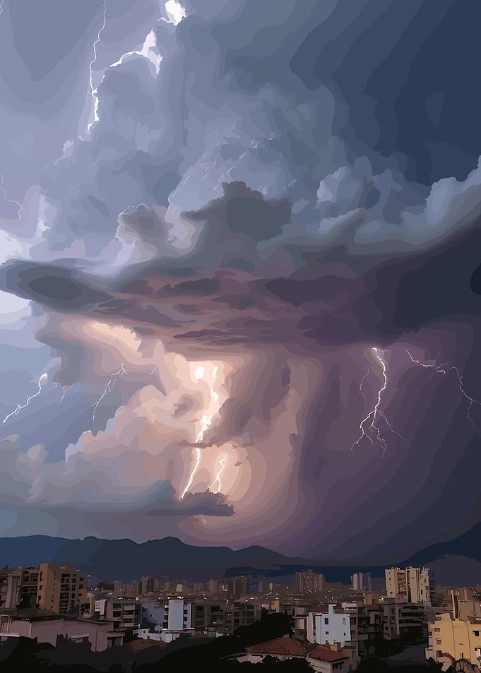 Cityscape under a stormy sky