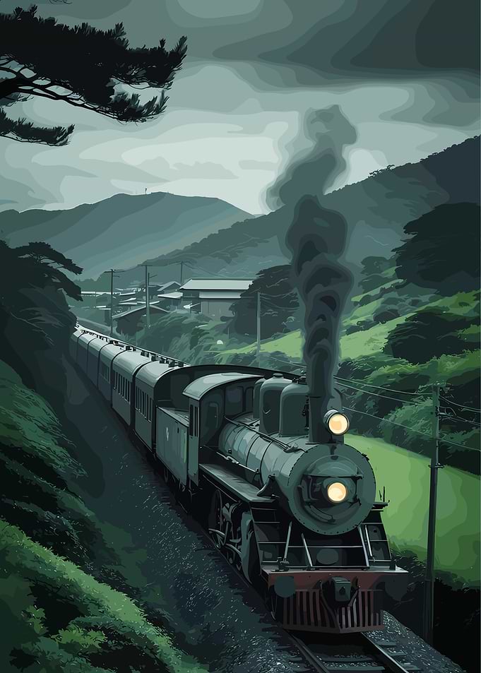 Vintage Train Journey Through Green Landscape