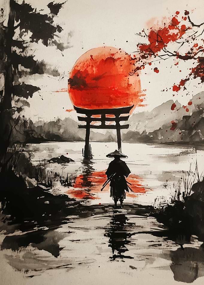 Samurai at Torii Gate Watercolor Painting