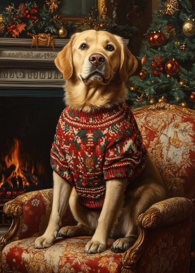 Dog in Christmas Sweater by Fireplace | Labrador in Festive Chair