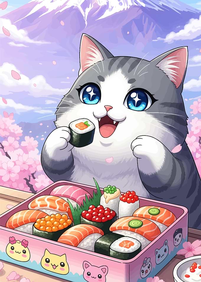Cat eating sushi with Mount Fuji